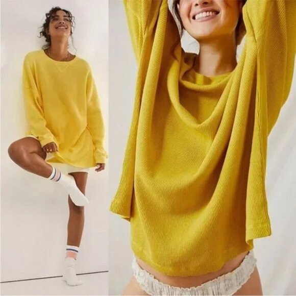 Intimately Free People Early Night Waffle Thermal Oversize Cotton Top Mustard XS - Picture 1 of 6